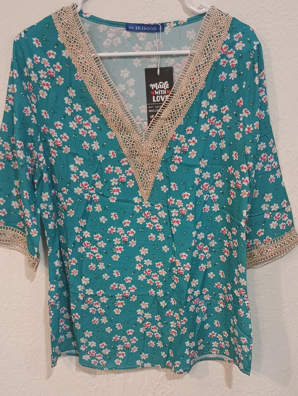 iris Teal Floral V-Neck Blouse with Cream Lace Trim